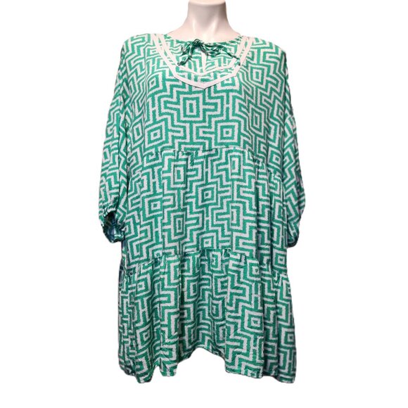 Ruby Rd. dress Women's XL Green white trellis print Split neck 3/4 puff sleeves - Picture 4 of 16